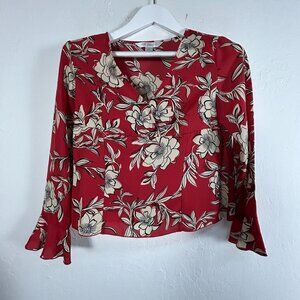 Petite Sophisticate Womens Floral V-Neck Bell Sleeve Blouse Top Size 4 Red White